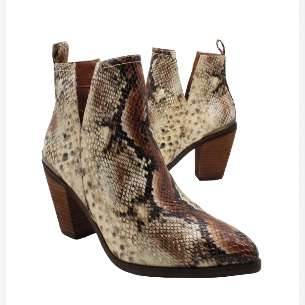 Very Volatile Brown and Cream Ankle Booties with Snakeskin Pattern